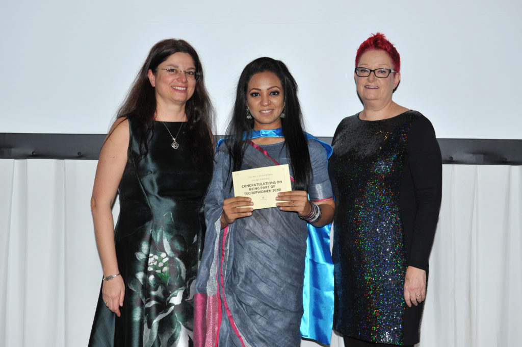 Fareeha Usman poses for a photo with prof. Alexandra I. Cristea and prof. Sue Black