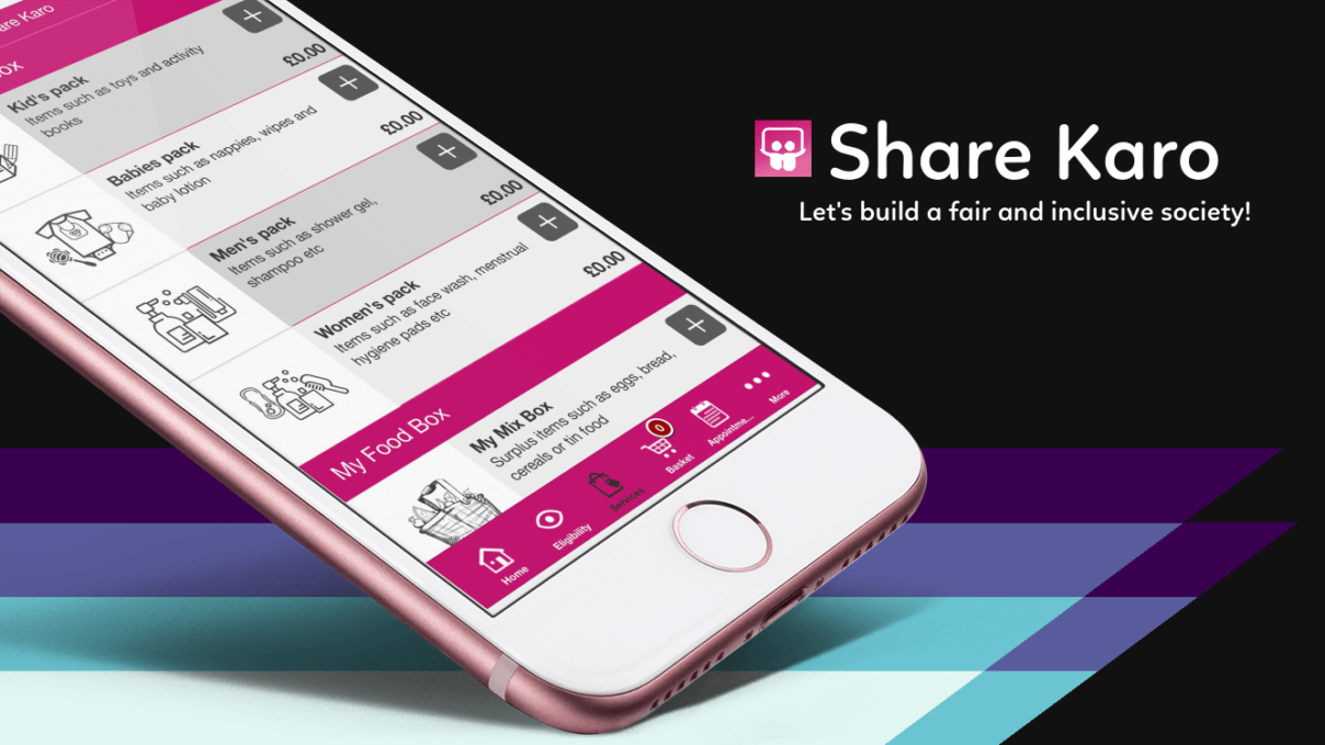 Promotional material for the Share Karo  app, with a phone showing the app on the screen and a text to the right that reads 'Share Karo. Let's build a fair and inclusive society!'