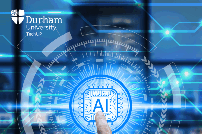 Image shows a futuristic touch screen with a finger touching a blue and white AI symbol